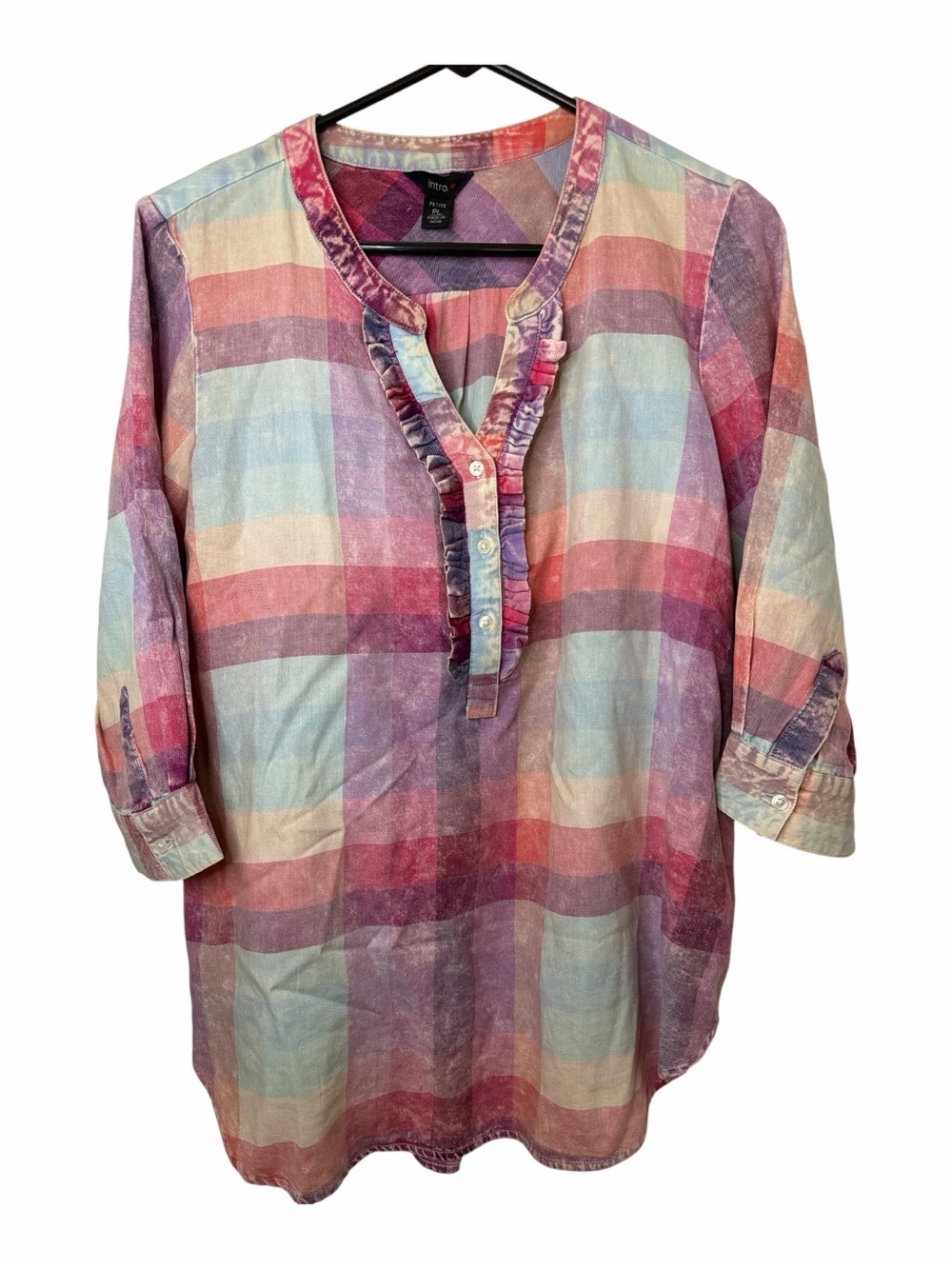 Intro. Plaid Elbow Length Sleeve Shirt Ruffle Henley